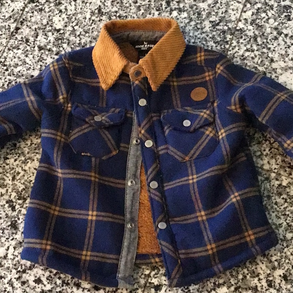 NWT Eddie Bauer Kids Navy and Mustard Plaid Jacket with Corduroy Collar